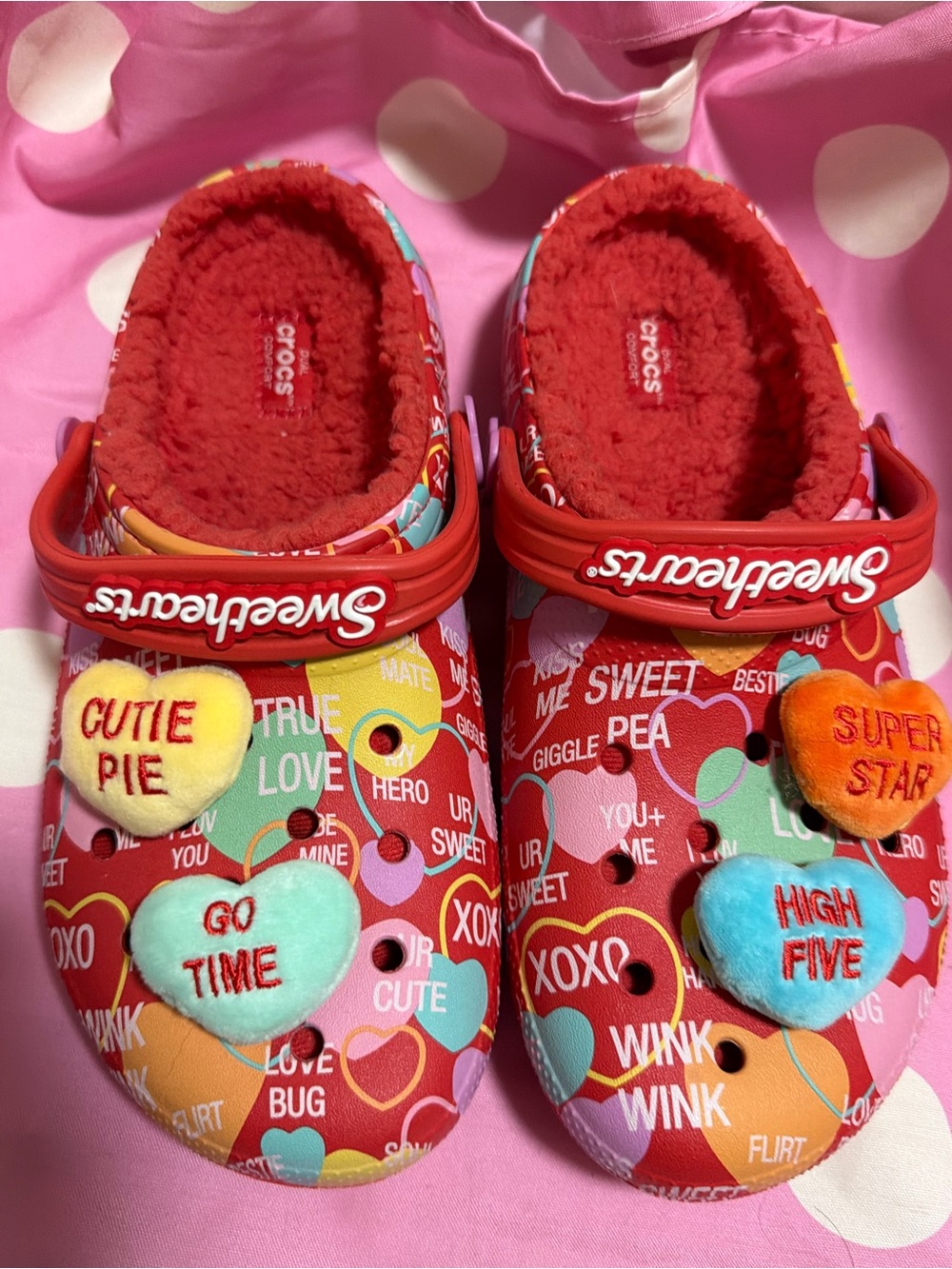 CROCS Red Conversation Heart Clogs with Plush Lining and Heart Charms - Picture 8 of 8